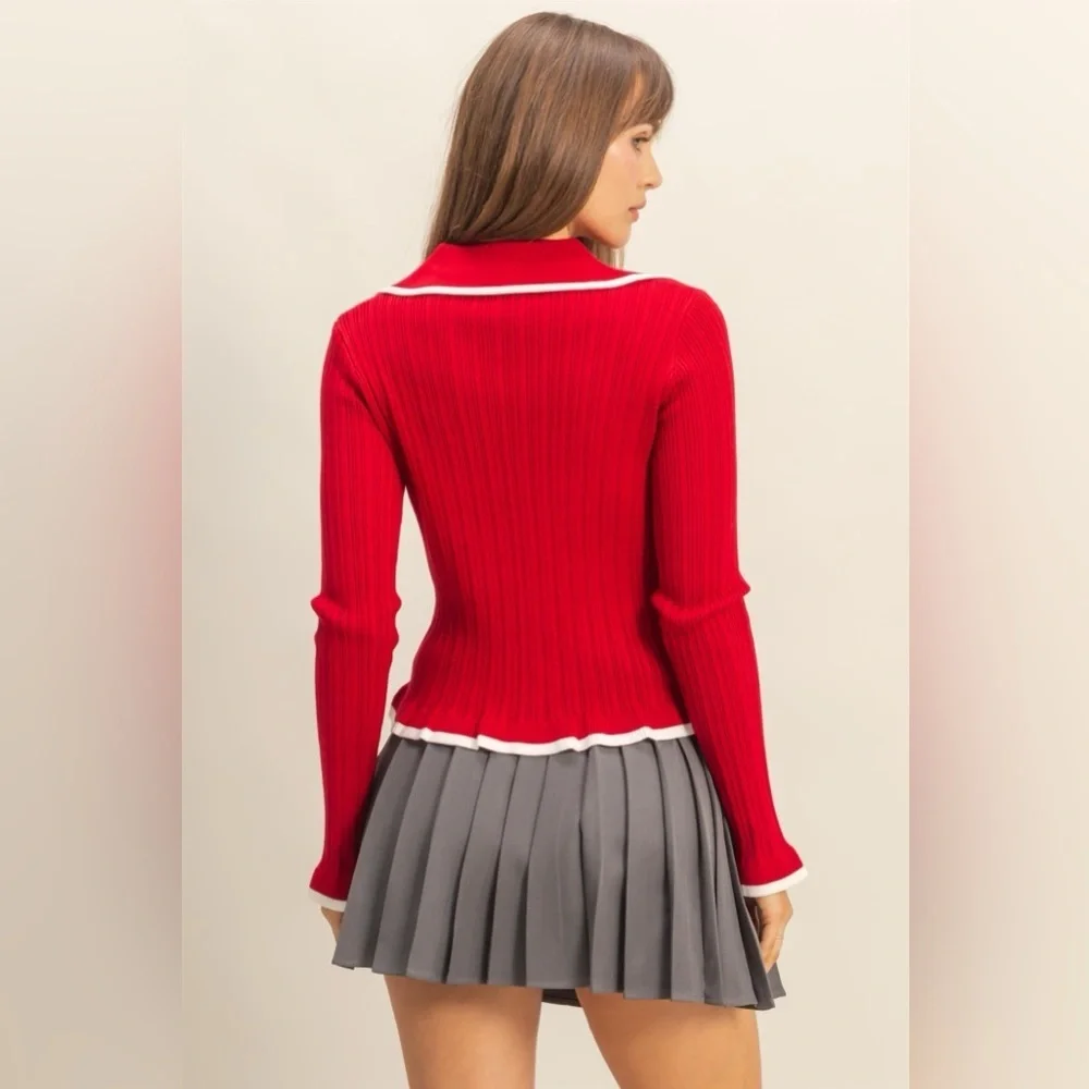 NEW HYFVE Red Ribbed Button Front Top w/ White Trim Coquette Size Medium